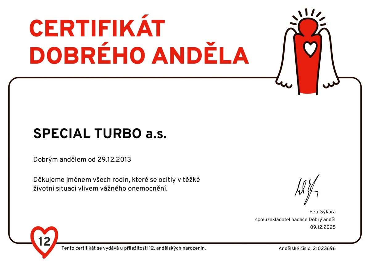 Certifikát Dobrého anděla pro SPECIAL TURBO a.s., dobrým andělem od 29. 12. 2013
